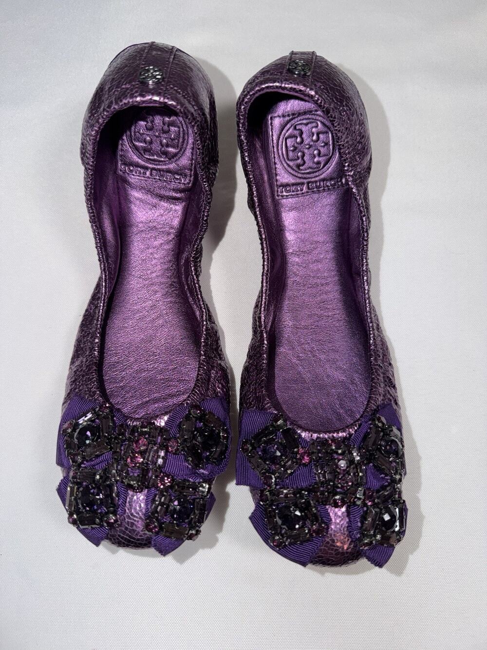 NEW $250 Tory Burch AZALEA Jeweled Bow Flats Metallic Purple Leather Ballet 7